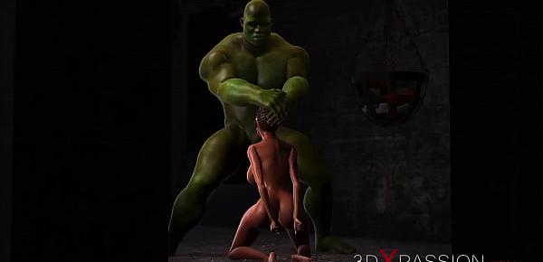  3dxpassion.com. Young horny anal sex slave gets fucked by big green monster in dungeon